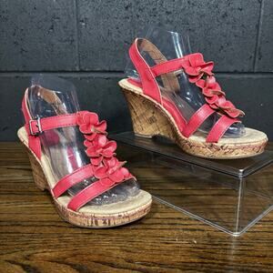 BOC by Born Women’s 7 Pink Leather Floral Cork Wedge Sandals Slingback Comfort